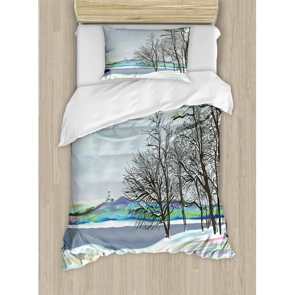 Ambesonne Nature Duvet Cover Set Twin Size, Modern Rural Winter Forest with Leafless Tree Branches Digital Vibrant Effects Artwork, Decorative 288 Thread Count Woven 2 Piece Bedding Set with 1 Pillow Sham Multicolor