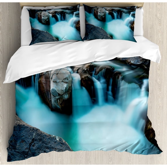 Ambesonne Nature Duvet Cover Set, Waterfall Basalt Rocks, Queen, Sky Blue Grey Green