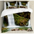 thumbnail image 1 of Ambesonne Nature Duvet Cover Set, Waterfalls in Mountains, Queen, Green Brown, 1 of 3