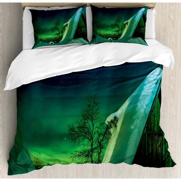 Ambesonne Nature Duvet Cover Set, Wooden House Winter, Calking, Dark Blue Jade Green