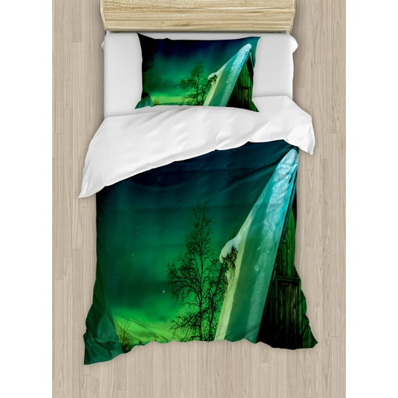 Ambesonne Nature Duvet Cover Set, Wooden House Winter, Twin, Dark Blue Jade Green
