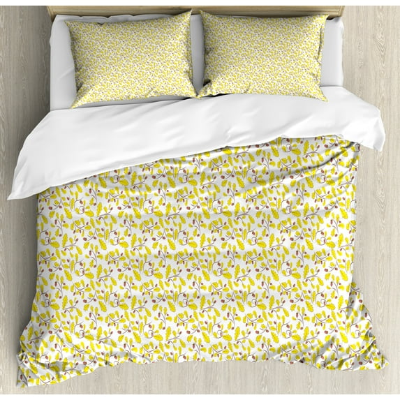 Ambesonne Nature Duvet Cover Sets, Acorns and Oak Leaves Art, 2-King, White Mustard and Dark Salmon