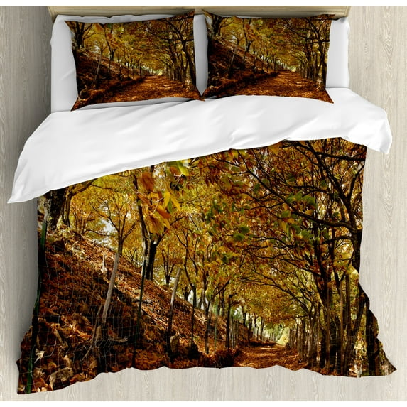 Ambesonne Nature Duvet Cover Sets, Autumn Foliage Forest, 2-King, Brown Amber Marigold