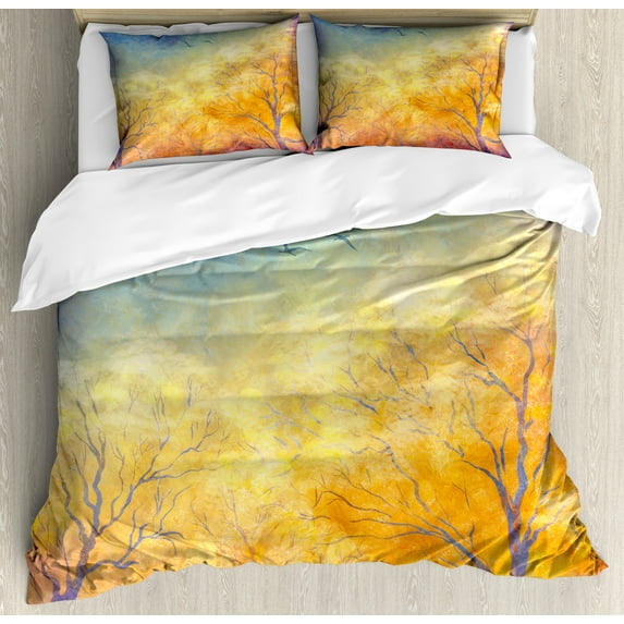 Ambesonne Nature Duvet Cover Sets, Autumn Trees Gulls Sky, 2-King, Blue Marigold Yellow