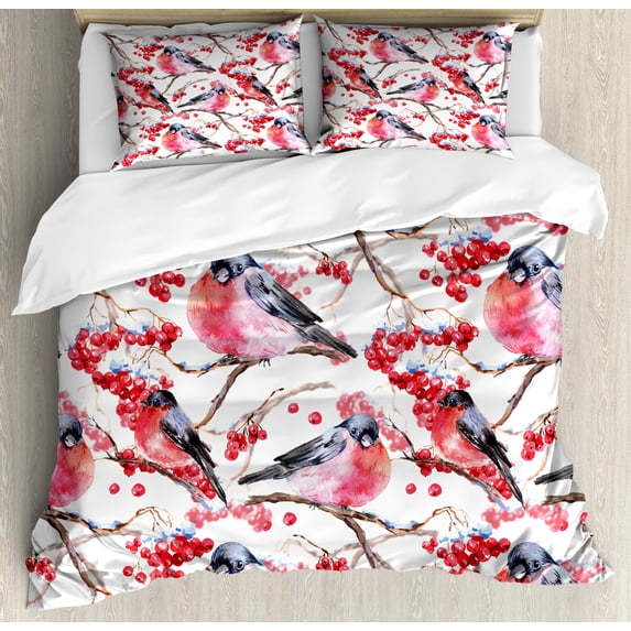 Ambesonne Nature Duvet Cover Sets, Birds Branches Berries, 2-King, Grey Grey Red