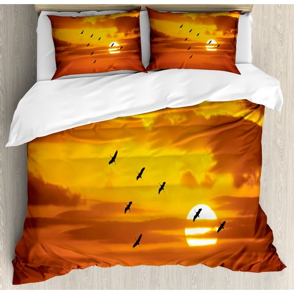 Ambesonne Nature Duvet Cover Sets, Birds Flying at Sunset, 2-Queen, Orange