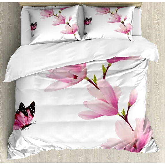 Ambesonne Nature Duvet Cover Sets, Blossom Branch Flowers, 2-Queen, Pink Maroon Burgundy