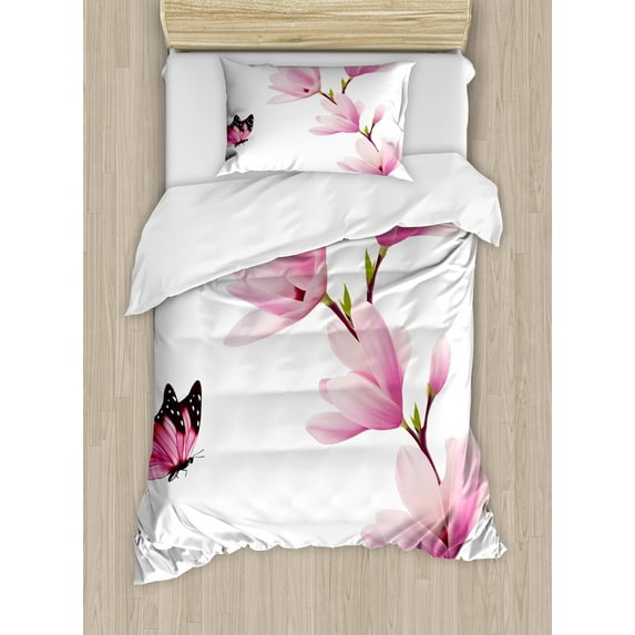 Ambesonne Nature Duvet Cover Sets, Blossom Branch Flowers, 2-Twin, Pink Maroon Burgundy