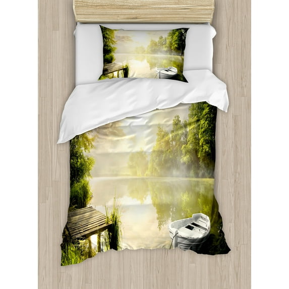 Ambesonne Nature Duvet Cover Sets, Boat by Foggy Lake Deck, 2-Twin, Olive Green White