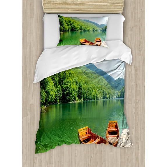 Ambesonne Nature Duvet Cover Sets, Boats Lake Forest Serene, 2-Twin, Fern Green Cinnamon