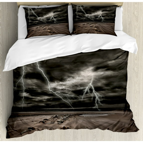 Ambesonne Nature Duvet Cover Sets, Bolts Across the Sandy Beach, 2-Queen, Brown and Grey