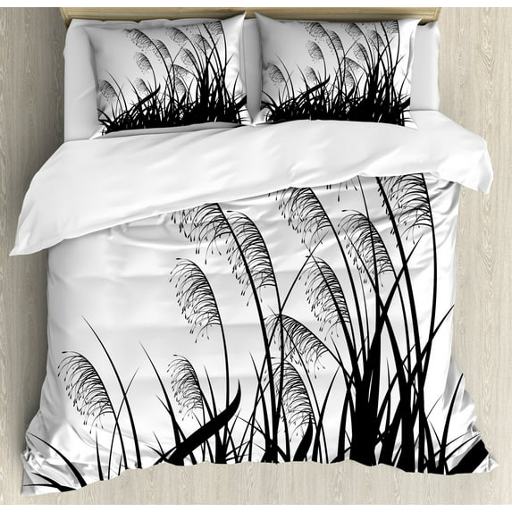 Ambesonne Nature Duvet Cover Sets, Bushes Wild Field, 2-King, White Black