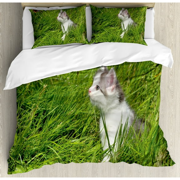 Ambesonne Nature Duvet Cover Sets, Cat and Butterfly, 2-King, Fern Green White Grey