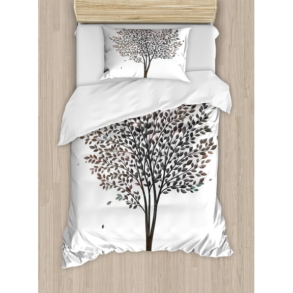 Ambesonne Nature Duvet Cover Sets, Fall Leaves Solititude, 2-Twin, Brown White