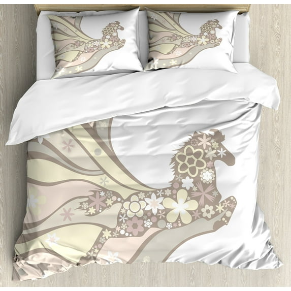 Ambesonne Nature Duvet Cover Sets, Floral Horse Galloping, 2-King, Pale Yellow Peach Cocoa
