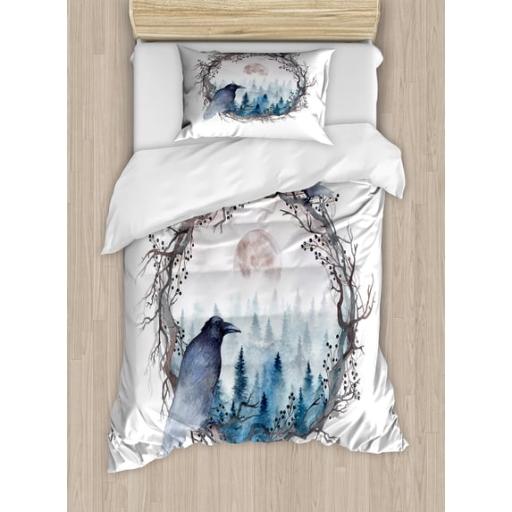 Ambesonne Nature Duvet Cover Sets, Foggy Forest Crow Watercolor, 2-Twin, Blue Grey Pale Salmon