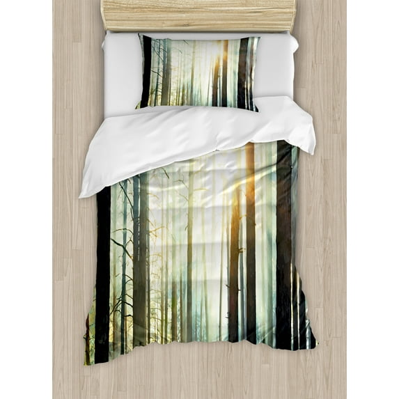 Ambesonne Nature Duvet Cover Sets, Foggy Forest Woods, 2-Twin, Seafoam Dark Brown