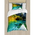 thumbnail image 1 of Ambesonne Nature Duvet Cover Sets, Idyllic Mountain Creek, 2-Twin, Teal Fern Green Marigold, 1 of 4