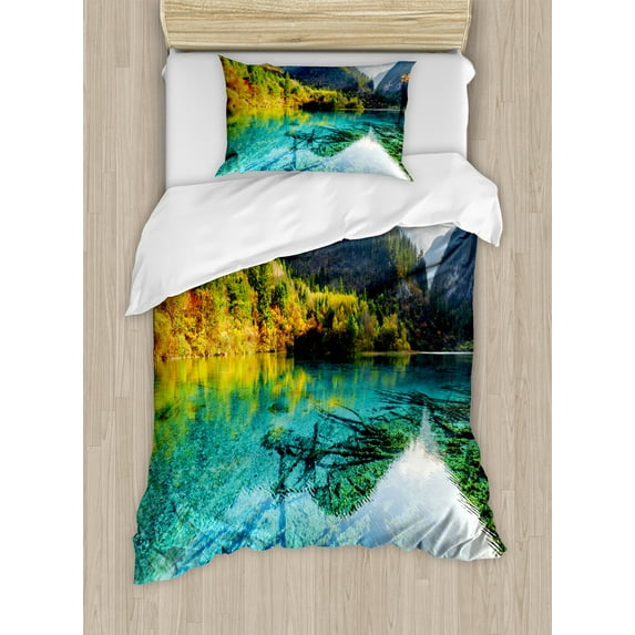 Ambesonne Nature Duvet Cover Sets, Idyllic Mountain Creek, 2-Twin, Teal Fern Green Marigold