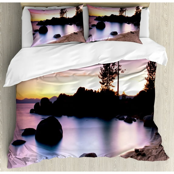 Ambesonne Nature Duvet Cover Sets, Landscape Lake Tahoe, 2-Queen, Dark Brown Peach