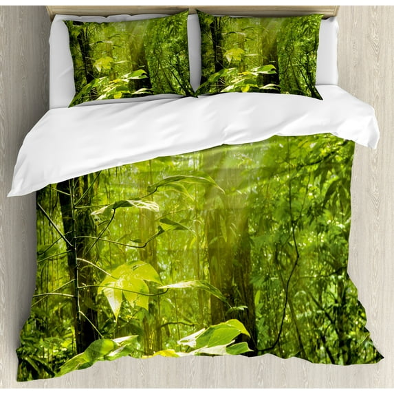Ambesonne Nature Duvet Cover Sets, Leaf Branches Woodland, 2-Queen, Lime Green Brown