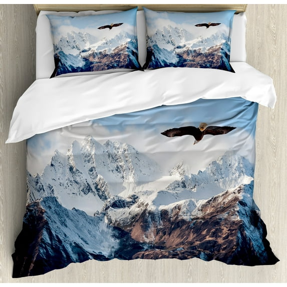 Ambesonne Nature Duvet Cover Sets, Mountain Flying Eagle, 2-King, Brown White Blue