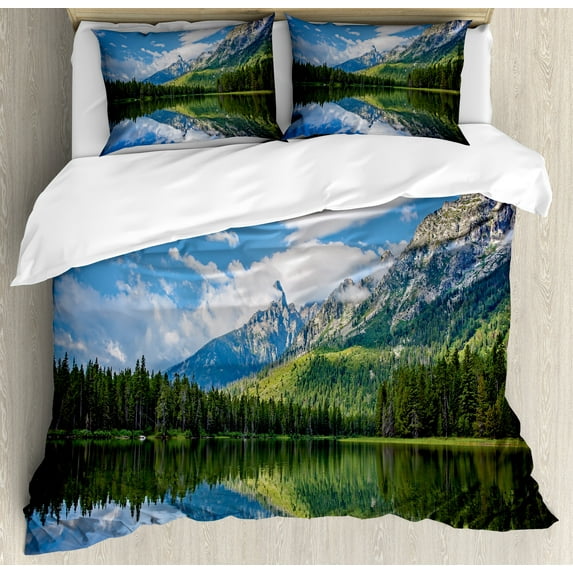 Ambesonne Nature Duvet Cover Sets, Mountain Lake Scenery, 2-King, Blue White Green
