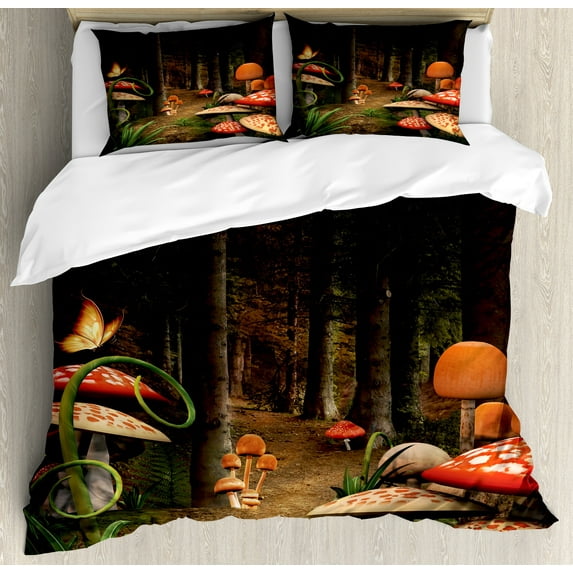 Ambesonne Nature Duvet Cover Sets, Mushrooms Dark Forest, 2-King, Green Brown and Red