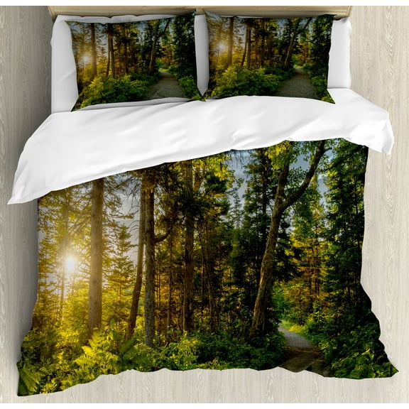 Ambesonne Nature Duvet Cover Sets, National Park Trees Path, 2-Queen, Blue Green