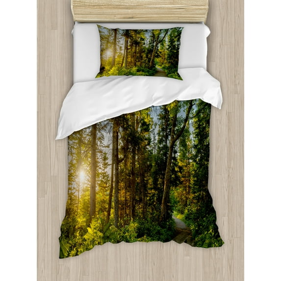 Ambesonne Nature Duvet Cover Sets, National Park Trees Path, 2-Twin, Blue Green