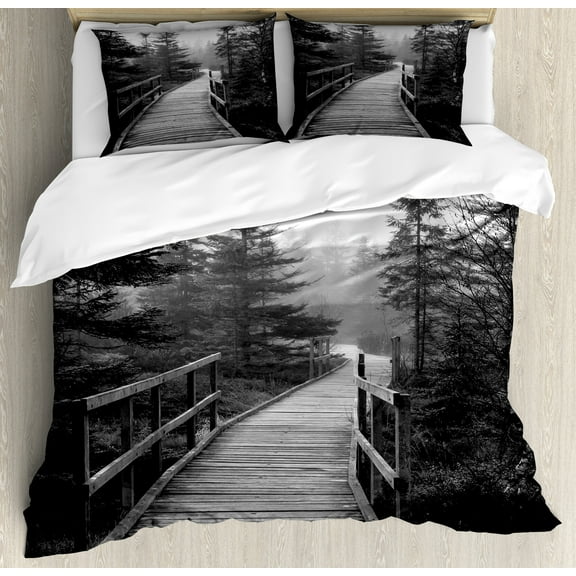 Ambesonne Nature Duvet Cover Sets, Pathway into Wilderness, 2-Queen, Black and White