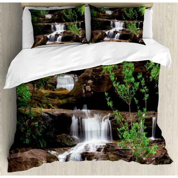 Ambesonne Nature Duvet Cover Sets, Rock Stair in Waterfall, 2-Queen, Brown White and Green