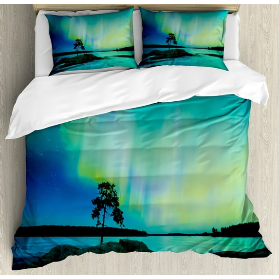 Ambesonne Nature Duvet Cover Sets, Rocky Stone River, 2-King, Teal Blue Lime Green