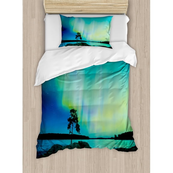Ambesonne Nature Duvet Cover Sets, Rocky Stone River, 2-Twin, Teal Blue Lime Green