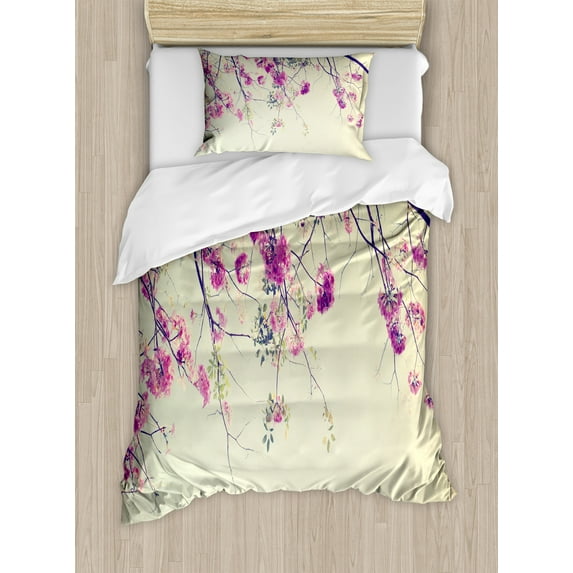 Ambesonne Nature Duvet Cover Sets, Sakura Cherry Blooms, 2-Twin, Cream Fuchsia Brown