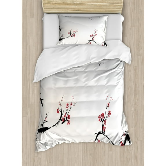 Ambesonne Nature Duvet Cover Sets, Sakura Flower and Gulls, 2-Twin, Beige Red Black