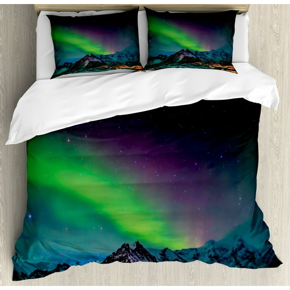 Ambesonne Nature Duvet Cover Sets, Sky Rocky Hill Wild, 2-Queen, Blue Violet Lime Green