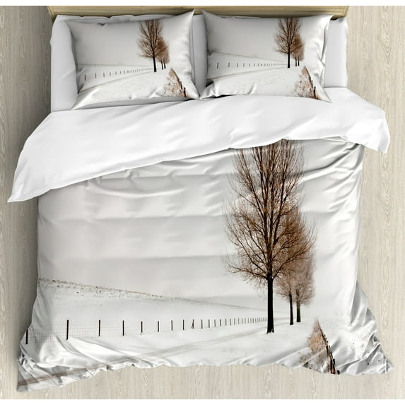 Ambesonne Nature Duvet Cover Sets, Snow Winter Frozen, 2-King, White Brown