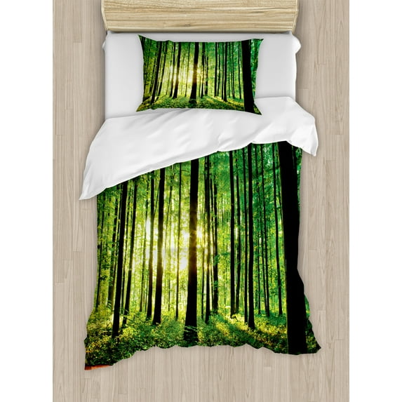 Ambesonne Nature Duvet Cover Sets, Sunlight Forest Trees, 2-Twin, Green Brown