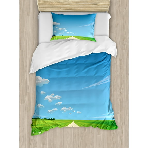 Ambesonne Nature Duvet Cover Sets, Sunny Sky Clouds Daisy, 2-Twin, Sky Blue Green Cream