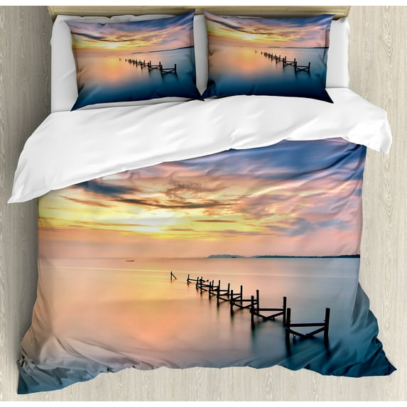 Ambesonne Nature Duvet Cover Sets, Sunset Abandoned Jetty, 2-King, Marigold Petrol Blue