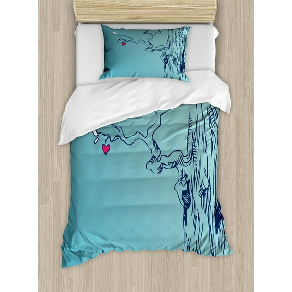 Ambesonne Nature Duvet Cover Sets, Tree with Hearts Leaves, 2-Twin, Turquoise