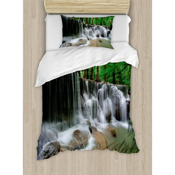 Ambesonne Nature Duvet Cover Sets, Tropical Forest Scenery, 2-Twin, Forest Green Brown White