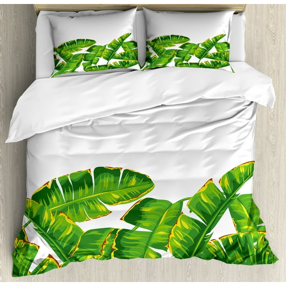 Ambesonne Nature Duvet Cover Sets, Vibrant Tropical Foliage, 2-King, Hunter Green Yellow