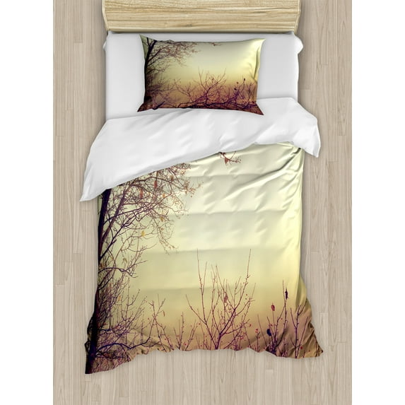 Ambesonne Nature Duvet Cover Sets, Vintage Leafless Autumn, 2-Twin, Sepia