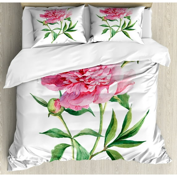 Ambesonne Nature Duvet Cover Sets, Vintage Peony, 2-Queen, Pink White Green