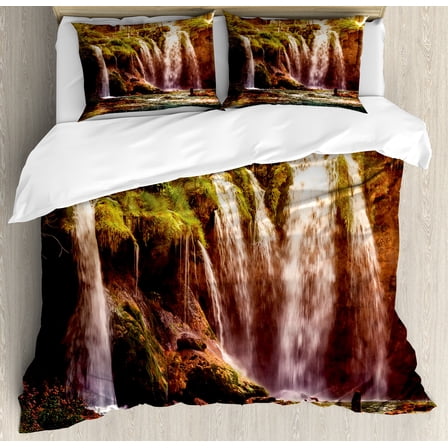 Ambesonne Nature Duvet Cover Sets, Waterfall Forest Trees, 2-King, Green and Brown