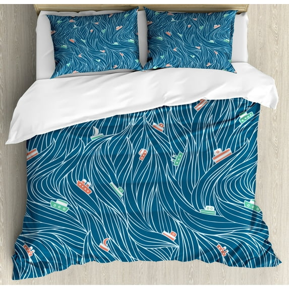 Ambesonne Nature Duvet Cover Sets, Waves and Ships Cartoon, 2-King, Petrol Blue Jade Green