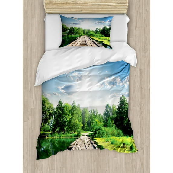 Ambesonne Nature Duvet Cover Sets, Wooden Bridge on River, 2-Twin, Blue Green