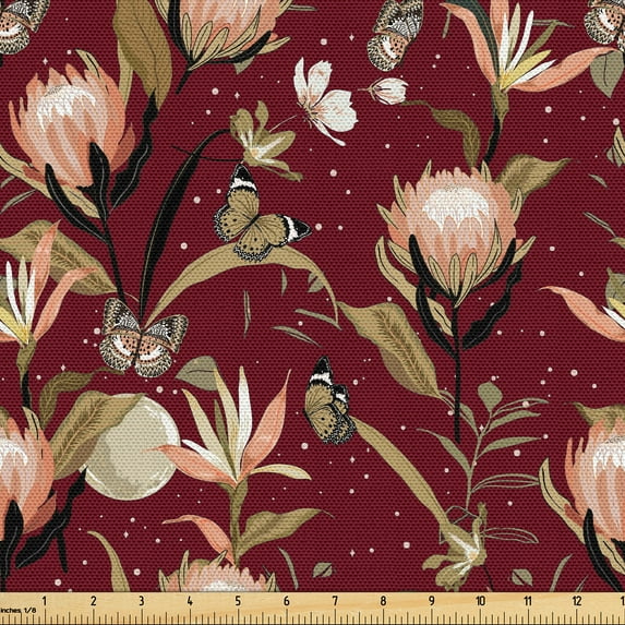 Ambesonne Nature Fabric by the Yard Upholstery, Art Butterfly Protea Flower, 5 Yards, Pale Camel Maroon and Black
